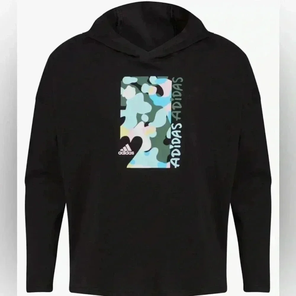 ADIDAS Girls' Long Sleeve Hooded Graphic Tee, Black with Camo Print, Large or Md